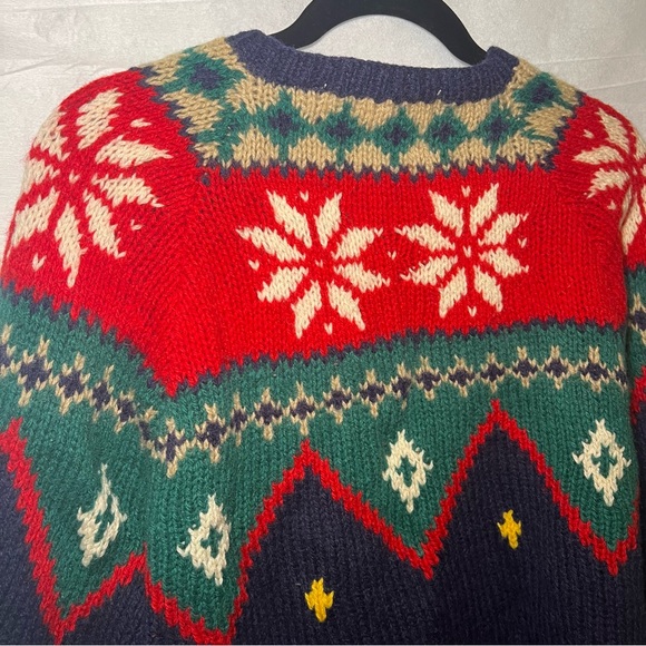 Vintage 90s Seychelle Blue Red Fair Isle Nordic Heavy Wool Hand Knit Cardigan M - Picture 7 of 12